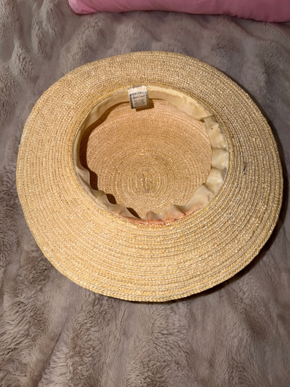 April Cornell Vintage Natural Straw Boater Hat with Blue Floral Bow - Picture 11 of 13
